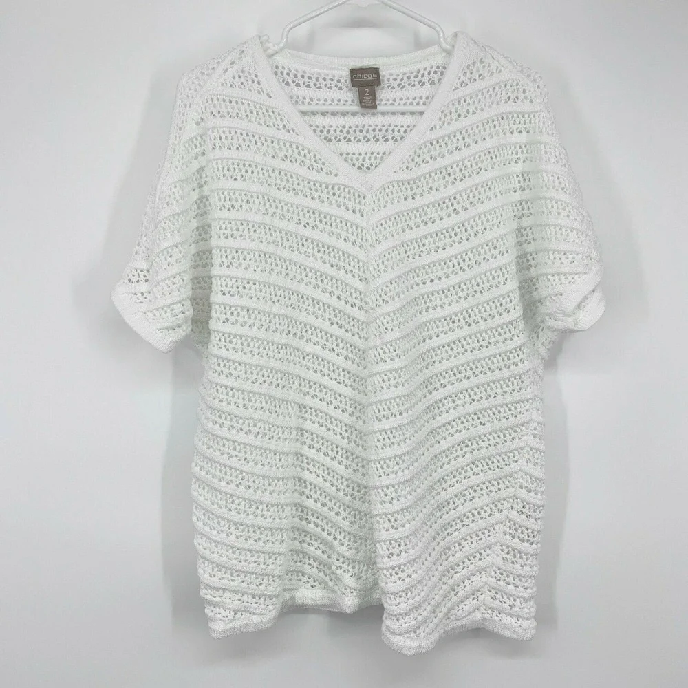 Chico's 2 Sweater Womens Large 12 White Open Knit Dolman Sleeve V Neck Pullover